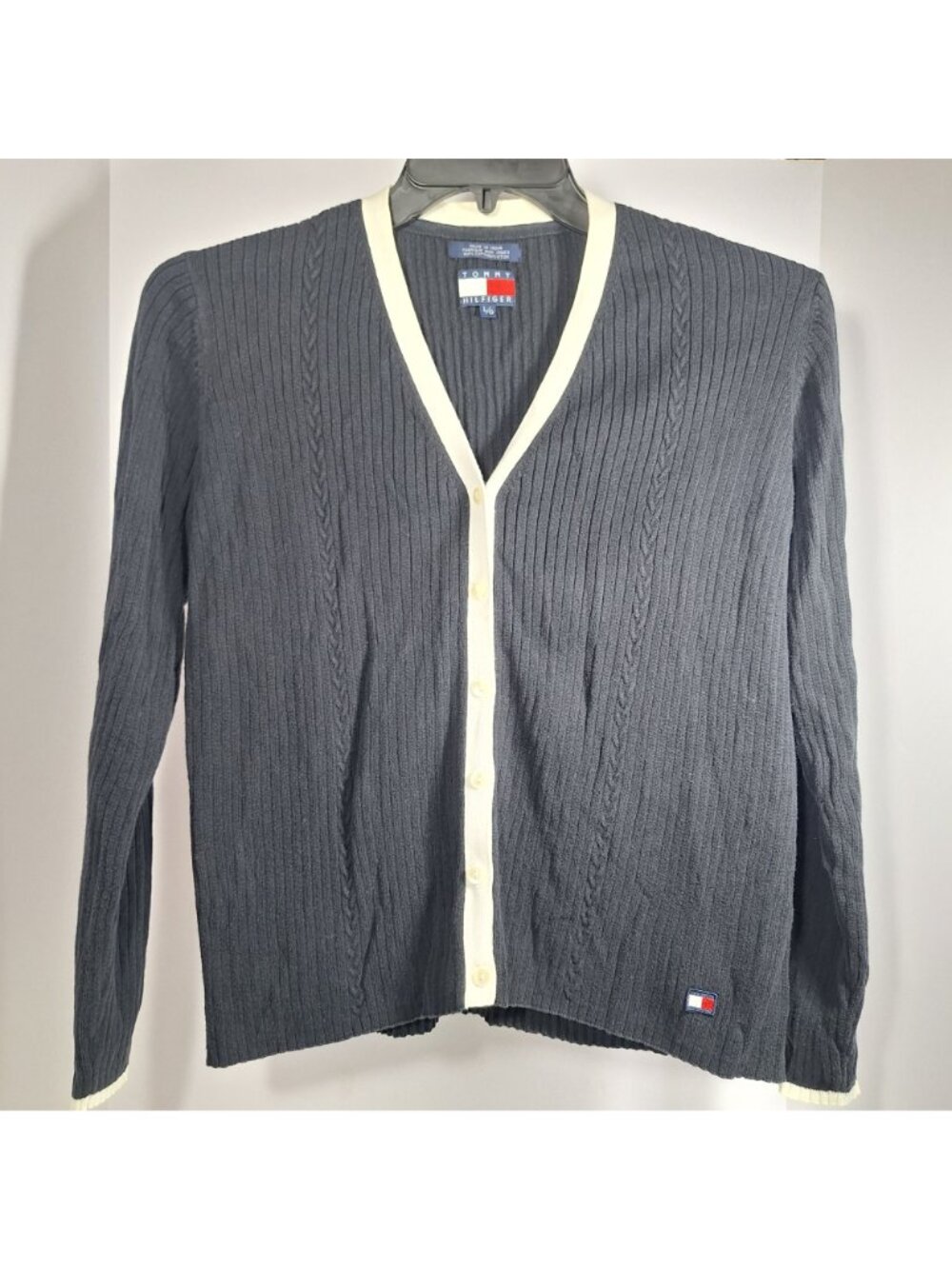 Tommy Hilfiger Black White Cardigan Sweater Long Sleeve Womens Large - Picture 9 of 9